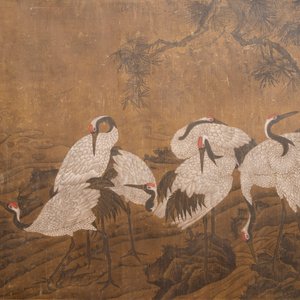 Chinese school: 'Eight cranes under a pine tree', ink and colour on silk, probably Qing — photo 7