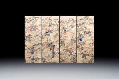 Chinese school: four 'Hunting Scene' paintings, ink and colour on paper, 19/20th C.