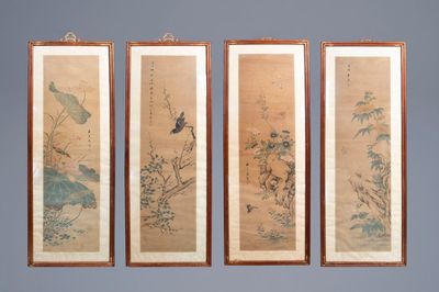 Chinese school: 'Four works with birds and insects near blossoming branches', ink and colour on paper, Republic