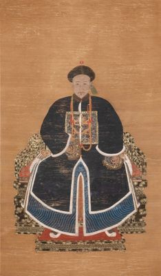 Chinese school: 'Full body portrait of a prince', ink and colour on silk, Qing
