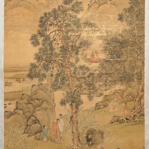 Chinese school, gesign. Hua Yan (1682-1756), inkt en kleur op papier: 'Wijzen in een bergwoud' — foto 1