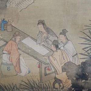 Chinese school, gesign. Hua Yan (1682-1756), inkt en kleur op papier: 'Wijzen in een bergwoud' — foto 29