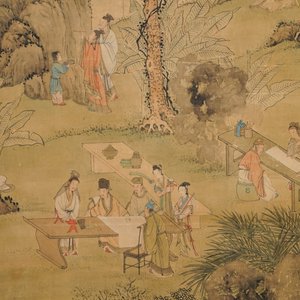 Chinese school, gesign. Hua Yan (1682-1756), inkt en kleur op papier: 'Wijzen in een bergwoud' — foto 3