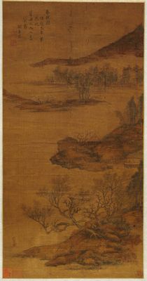 Chinese school, gesign. Wang Song, naar Zhao Danian, inkt en kleur op zijde, Qing: 'Een vroege ochtend in de lente'
