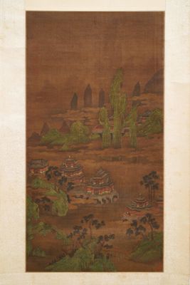 Chinese school, gesign. Yuanbian Xiang (1525-1590), inkt en kleur op zijde: 'Landschap naar Zhao Boju'