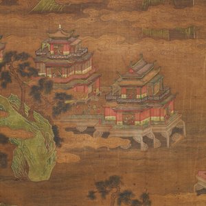 Chinese school, gesign. Yuanbian Xiang (1525-1590), inkt en kleur op zijde: 'Landschap naar Zhao Boju' — foto 5