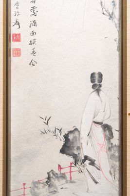 Chinese school, gesigneerd Zhang Daqian 張大千 (1898-1983): 'Schone in de tuin', inkt en kleur op papier, gedateerd 1975