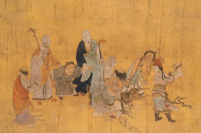 Chinese school: 'Immortals and monks', ink and colour on silk, Qing or later