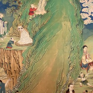 Chinese school, ink and color on canvas: 'Mountainous landscape with goddesses, mythical animals and boys', 19/20th C. — photo 13