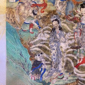 Chinese school, ink and color on canvas: 'Mountainous landscape with goddesses, mythical animals and boys', 19/20th C. — photo 21