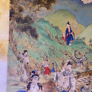 Chinese school, ink and color on canvas: 'Mountainous landscape with goddesses, mythical animals and boys', 19/20th C. — photo 22