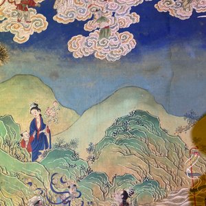 Chinese school, ink and color on canvas: 'Mountainous landscape with goddesses, mythical animals and boys', 19/20th C. — photo 27