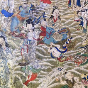 Chinese school, ink and color on canvas: 'Mountainous landscape with goddesses, mythical animals and boys', 19/20th C. — photo 29
