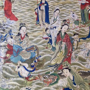 Chinese school, ink and color on canvas: 'Mountainous landscape with goddesses, mythical animals and boys', 19/20th C. — photo 32