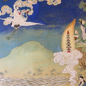 Chinese school, ink and color on canvas: 'Mountainous landscape with goddesses, mythical animals and boys', 19/20th C. — photo 37