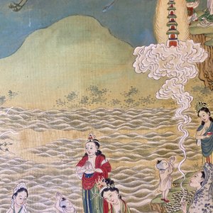 Chinese school, ink and color on canvas: 'Mountainous landscape with goddesses, mythical animals and boys', 19/20th C. — photo 38