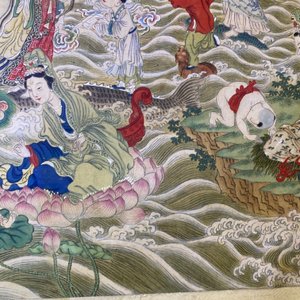 Chinese school, ink and color on canvas: 'Mountainous landscape with goddesses, mythical animals and boys', 19/20th C. — photo 41