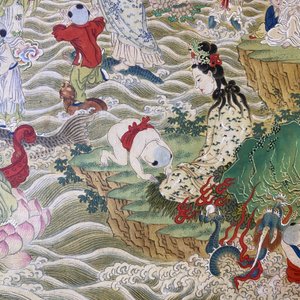 Chinese school, ink and color on canvas: 'Mountainous landscape with goddesses, mythical animals and boys', 19/20th C. — photo 42