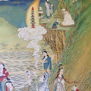 Chinese school, ink and color on canvas: 'Mountainous landscape with goddesses, mythical animals and boys', 19/20th C. — photo 44