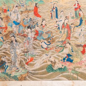 Chinese school, ink and color on canvas: 'Mountainous landscape with goddesses, mythical animals and boys', 19/20th C. — photo 5
