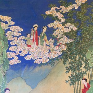 Chinese school, ink and color on canvas: 'Mountainous landscape with goddesses, mythical animals and boys', 19/20th C. — photo 57