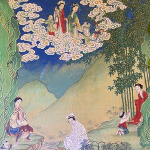 Chinese school, ink and color on canvas: 'Mountainous landscape with goddesses, mythical animals and boys', 19/20th C. — photo 58