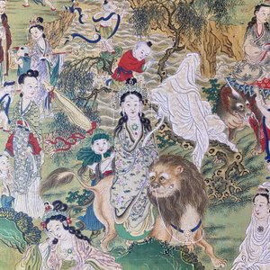 Chinese school, ink and color on canvas: 'Mountainous landscape with goddesses, mythical animals and boys', 19/20th C. — photo 61
