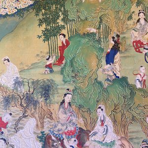 Chinese school, ink and color on canvas: 'Mountainous landscape with goddesses, mythical animals and boys', 19/20th C. — photo 70