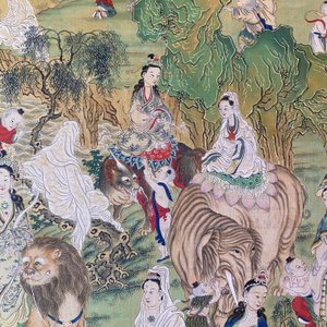 Chinese school, ink and color on canvas: 'Mountainous landscape with goddesses, mythical animals and boys', 19/20th C. — photo 71
