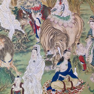 Chinese school, ink and color on canvas: 'Mountainous landscape with goddesses, mythical animals and boys', 19/20th C. — photo 72
