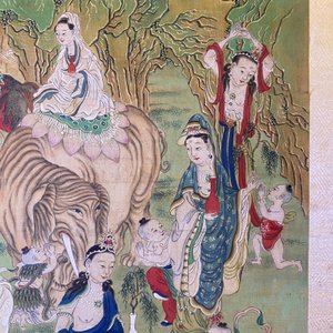 Chinese school, ink and color on canvas: 'Mountainous landscape with goddesses, mythical animals and boys', 19/20th C. — photo 75