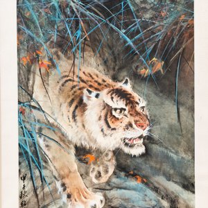 Chinese school, ink and color on paper: 'Crouching tiger', 20th C. — photo 1