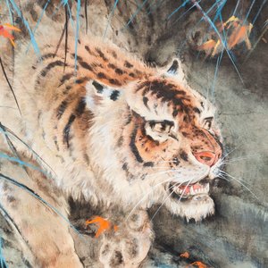 Chinese school, ink and color on paper: 'Crouching tiger', 20th C. — photo 4