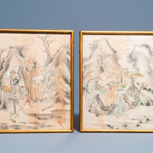 Chinese school, ink and color on paper: 'Four scenes with luohans', 19th C. — 照片 2
