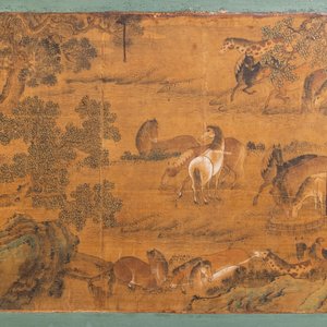 Chinese school, ink and color on paper: 'Horses and their caretakers in a landscape', Ming/Qing — photo 4