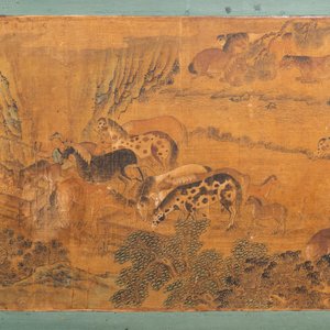 Chinese school, ink and color on paper: 'Horses and their caretakers in a landscape', Ming/Qing — photo 5