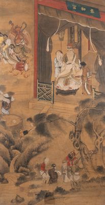 Chinese school, ink and color on paper: 'One of the ten kings of hell', Qing