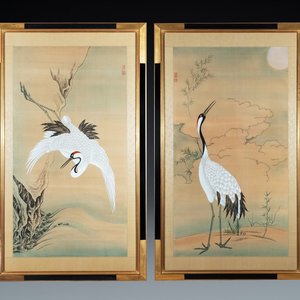 Chinese school, ink and color on paper: 'Two cranes', 20th C. — 照片 1