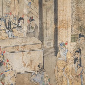 Chinese school, ink and color on silk: 'Palace scene with soldiers', Qing — 照片 3