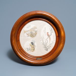 Chinese school, ink and color on textile fan leaf: 'Birds and a mountainous landscape', 19/20th C. — photo 1
