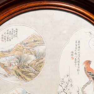 Chinese school, ink and color on textile fan leaf: 'Birds and a mountainous landscape', 19/20th C. — photo 3