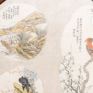 Chinese school, ink and color on textile fan leaf: 'Birds and a mountainous landscape', 19/20th C. — photo 4