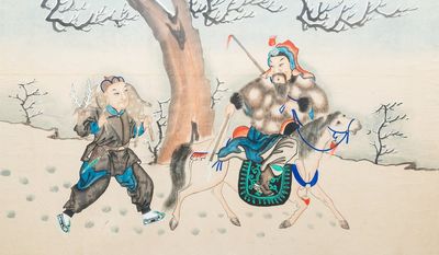 Chinese school, ink and colour on paper, 19/20th C.: 'Two equestrian hunting scenes'