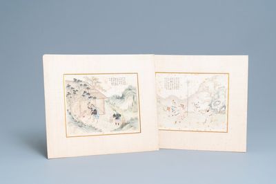 Chinese school, ink and colour on paper, 19th C.: 'Two scenes with figures in a landscape'