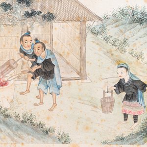 Chinese school, ink and colour on paper, 19th C.: 'Two scenes with figures in a landscape' — 照片 10