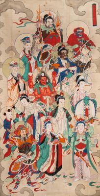 Chinese school, ink and colour on paper, Qing: 'Gods in heaven'