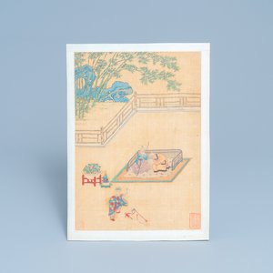 Chinese school, ink and colour on silk, 18/19th C.: 'A jester in front of an elderly couple in a daybed' — photo 1