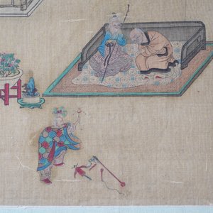 Chinese school, ink and colour on silk, 18/19th C.: 'A jester in front of an elderly couple in a daybed' — photo 8