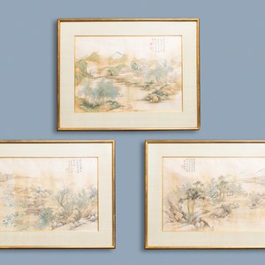 Chinese school, ink and colour on silk, 20th C.: 'Three landscape views' — photo 1
