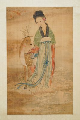 Chinese school, ink and colour on silk, Qing: 'Magu with deer'
